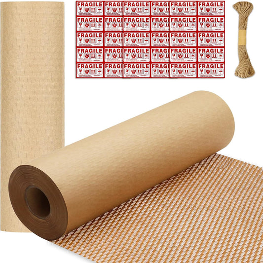 Honeycomb Packing Paper PINENUTS 15" x 131' Eco Friendly Packing for Moving Recyclable Honeycomb Paper Bubble Wrapping with 30 Fragile Sticker Labels and 66fthemp rope (Brown)