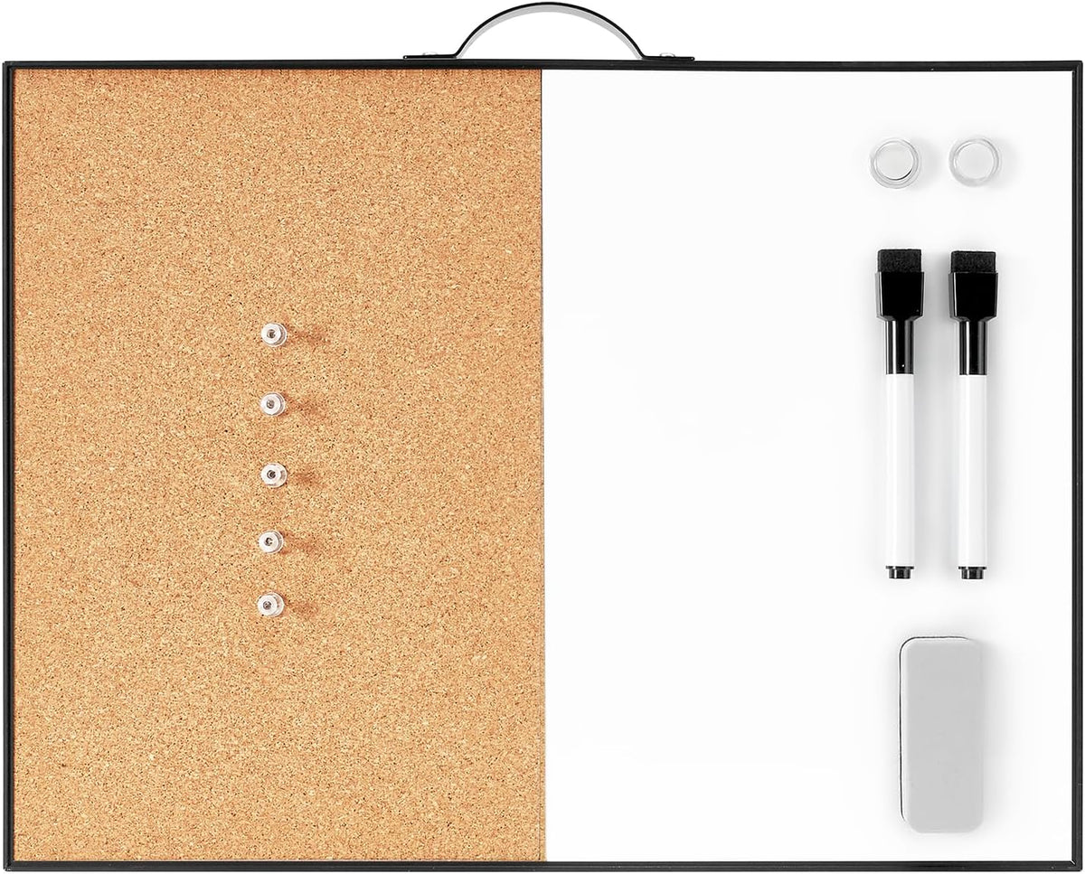 TSJ OFFICE Small Whiteboard Cork-Board - 12" X 16" Portable Aluminum Black Framed Magnetic Dry Erase Board for Wall, Small Bulletin Cork Board with Holder for Office, Home and School