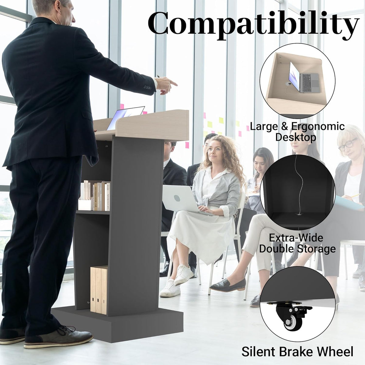 Wooden Podium Stand with Wheels, Stool and 2 Tier Storage, Lectern Presentation Church Classroom, 16MM Wood Board with Heavy Base (Black/Beige)