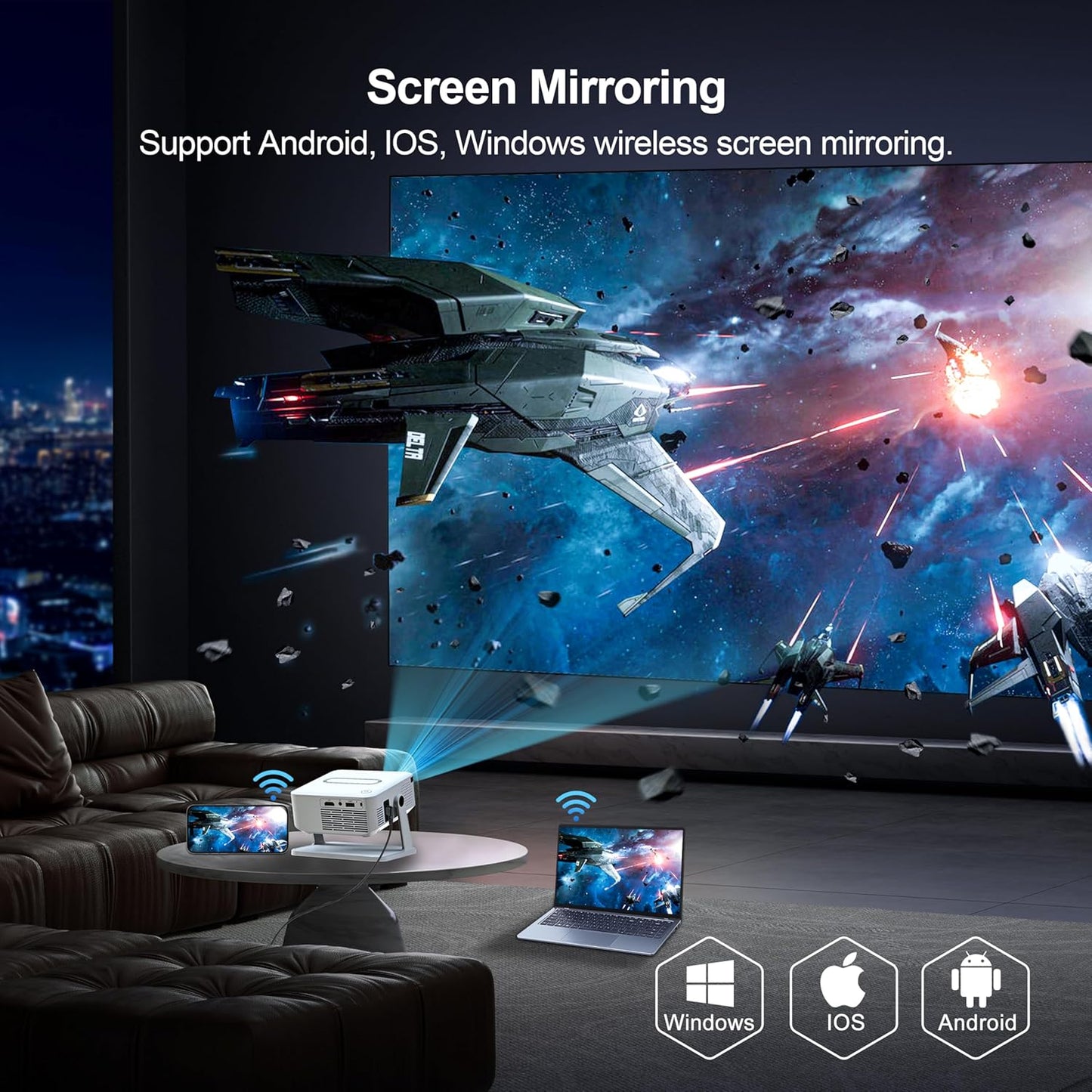 【NEW】Mini Projector with WiFi and Bluetooth,YouTube, Screen Mirroring and more. Full HD 1080P, Indoor/Outdoor Home Movie Projector by IOLIEO