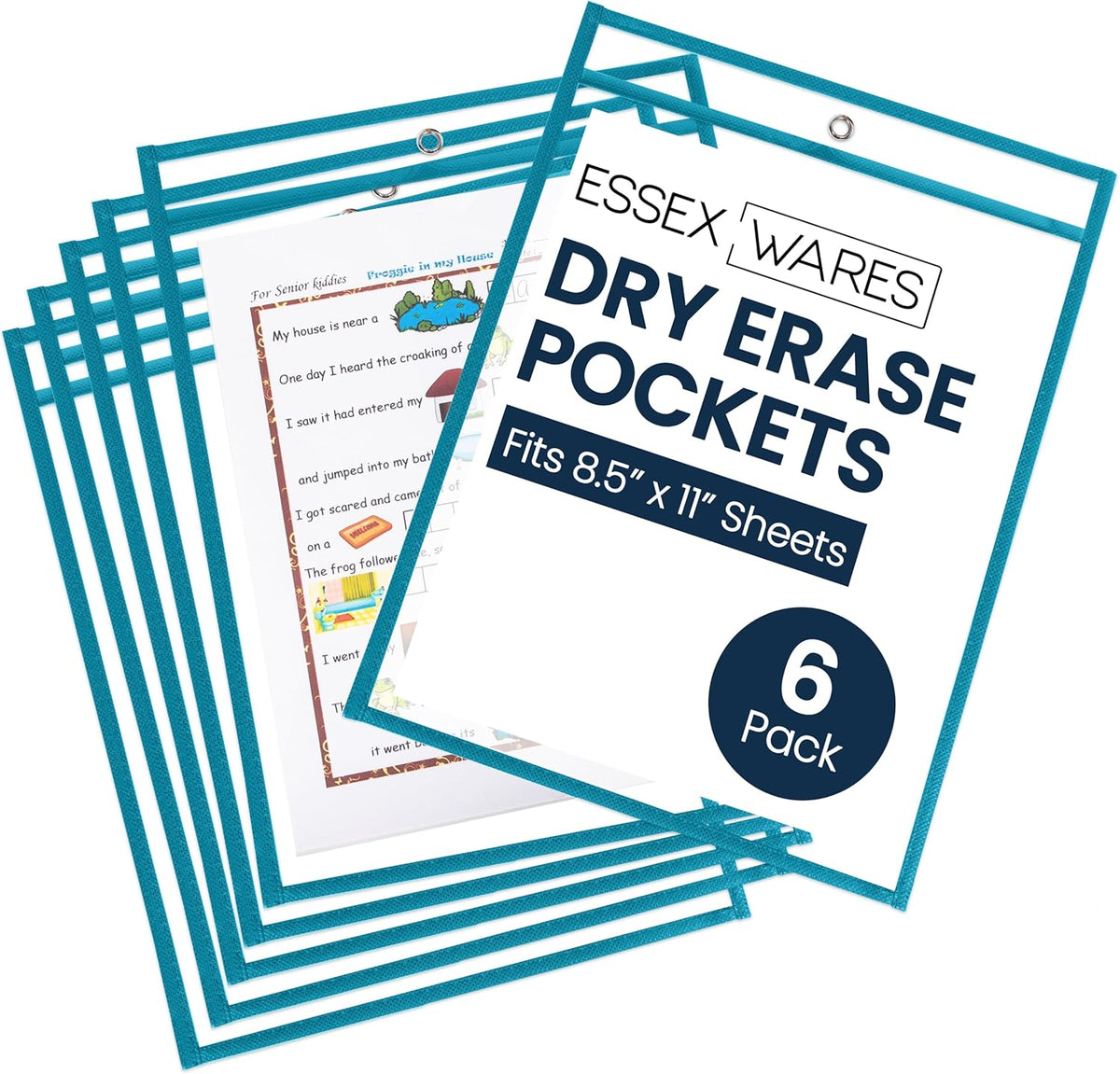 Essex Wares - 6 Pack, Teal, Durable Water-Resistant Dry Erase Pocket Document Protectors, 10" Wide x 13.5" Tall - Dry Erase Clear Plastic Sleeves - Reusable & Easy Erase Plastic Invoice Holders
