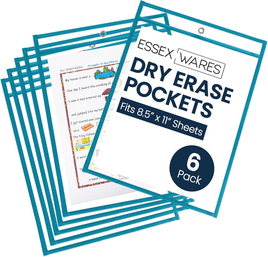 Essex Wares - 6 Pack, Teal, Durable Water-Resistant Dry Erase Pocket Document Protectors, 10" Wide x 13.5" Tall - Dry Erase Clear Plastic Sleeves - Reusable & Easy Erase Plastic Invoice Holders
