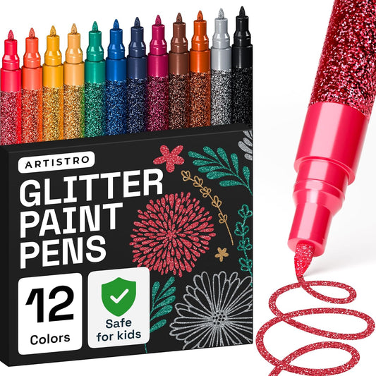ARTISTRO 12 Glitter Paint Pens Sparkly and Shiny for Glass, Rock Painting, Ceramic, Wood, Fabric, Scrapbooking, DIY Craft Making, Coloring - Acrylic Paint Markers Extra-Fine Tip 0.7mm