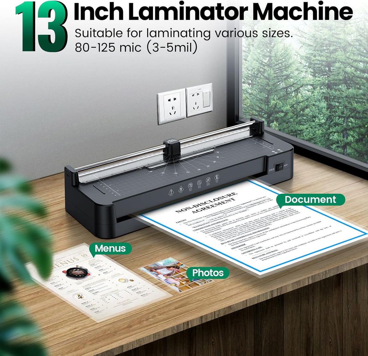 Laminator Machine with 40pcs Laminating Pouches Sheets, 9 in 1 Laminator 13-inch Wide Thermal &Cold Machine Built-in Paper Trimmer Corner Rounder Hole Punch for Home Office School (Black)