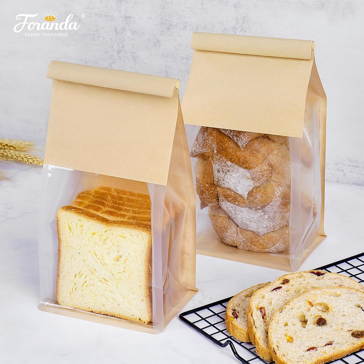 50 Pack Bakery Bags with Window, 5.1x3.9x11 Inches Tin Tie Tab Lock Resealable Bread Loaf Bags for Packaging Homemade Sourdough Bread, Cookies, Bagels, Pastry