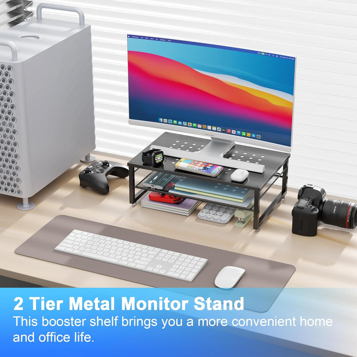 gianotter Desk Organizers and Accessories, 2-Tier Metal Monitor Stand Riser, Desk Organizer for Monitor, Office Desk Storage Organizer for Office Supplies (Black)