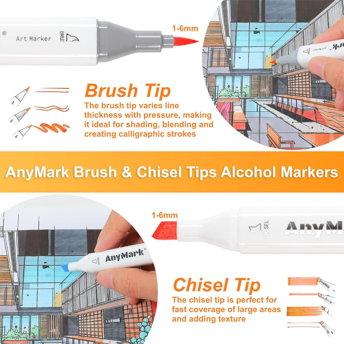 AnyMark Alcohol Markers Brush Tip, 120+1 Colors Dual Tip Brush & Chisel Alcohol-Based Art Markers Set with Case for Kids Adult Artists Drawing Coloring