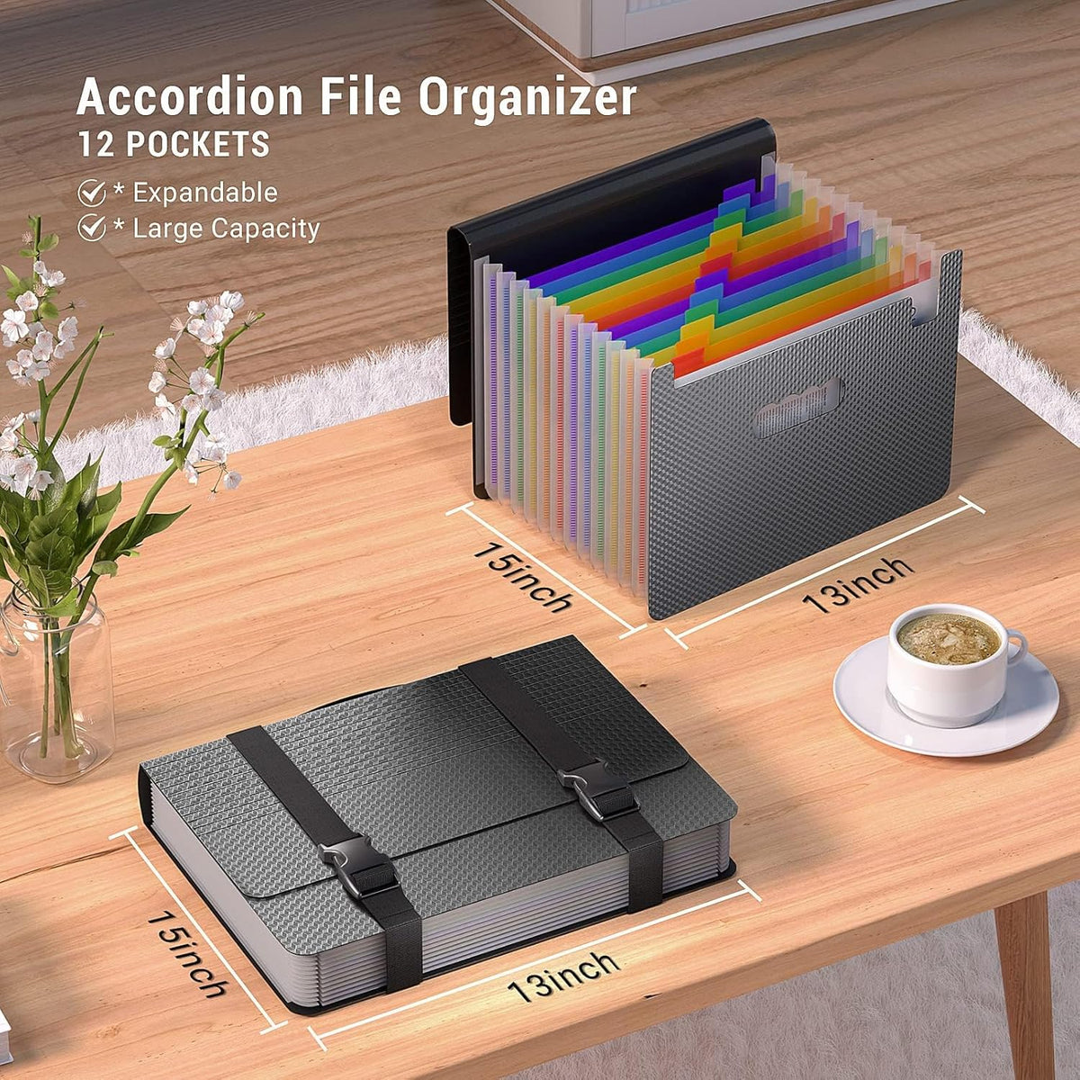 Accordion File Organizer,Expanding File Folders with Handle,13 Pockets Expandable Filing Folders,Tabs Included in Filing Box,Adjustable Strap,Bill Documents Organizer,A4/Letter Size,Diamond