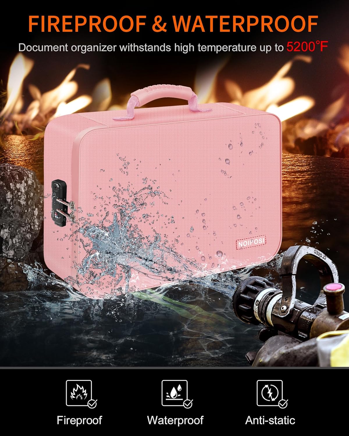 Noiposi Important Document Organizer, Waterproof and Fireproof Document Box with 7 Pockets File Folder,Portable Home Fire Safe Storage Box Case with Lock for Documents,File and Card,Pink