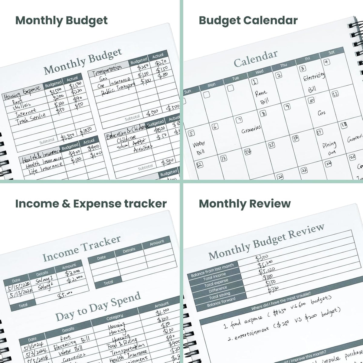 Monthly Budget Planner Book 2025 (Undated) with 12 Pockets for Income, Debt, Saving, Expense and Bill Tracker Organizer, Financial Planner for Men and Women, Dark Green, Spiral Design