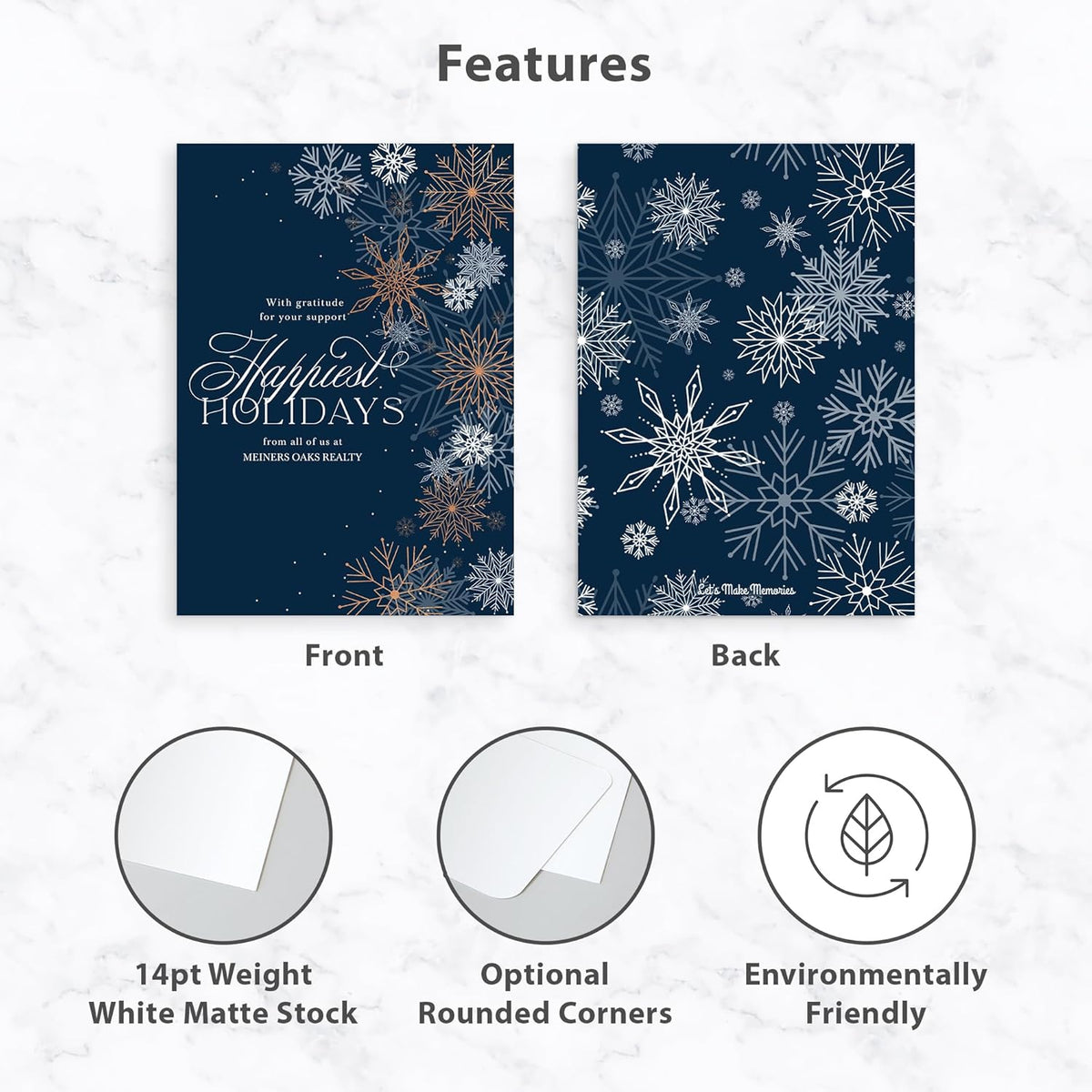 Let's Make Memories Personalized Business Christmas Cards with Envelopes - Premium Quality - 5x7-2025 Holiday Cards & White Envelopes - Shining Snowflakes - 50 ct