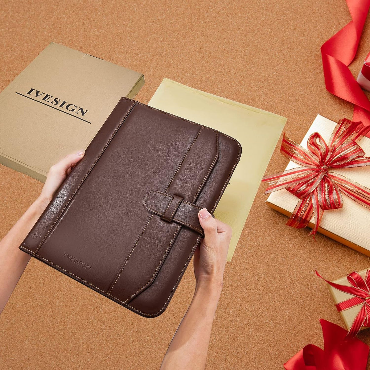 IVESIGN Leather Portfolio Notebook with Folder, Storage Clipboard with Cover for Legal Pad Holder Letter Size A4 Writing Pad for Business School Office Resume Conference Notepad Clip Boards (Brown)