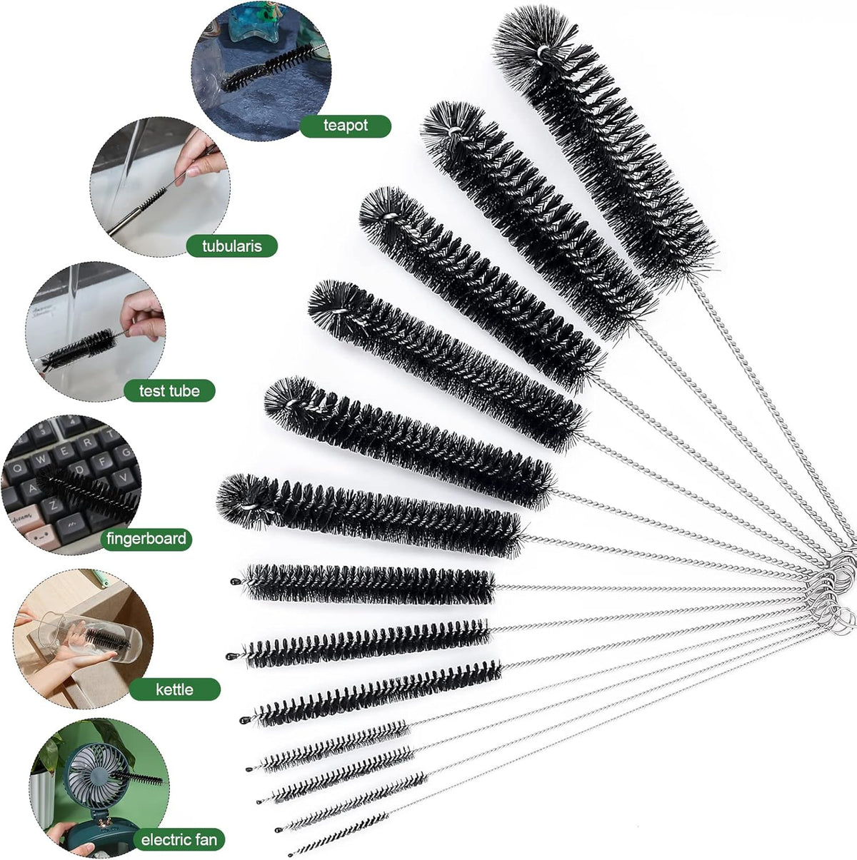 CiaraQ Bottle Cleaning Brushes, 8 Inch Nylon Tube Brush Set, Cleaner for Narrow Neck Bottles Cups with Hook, Set of 13pcs. Black