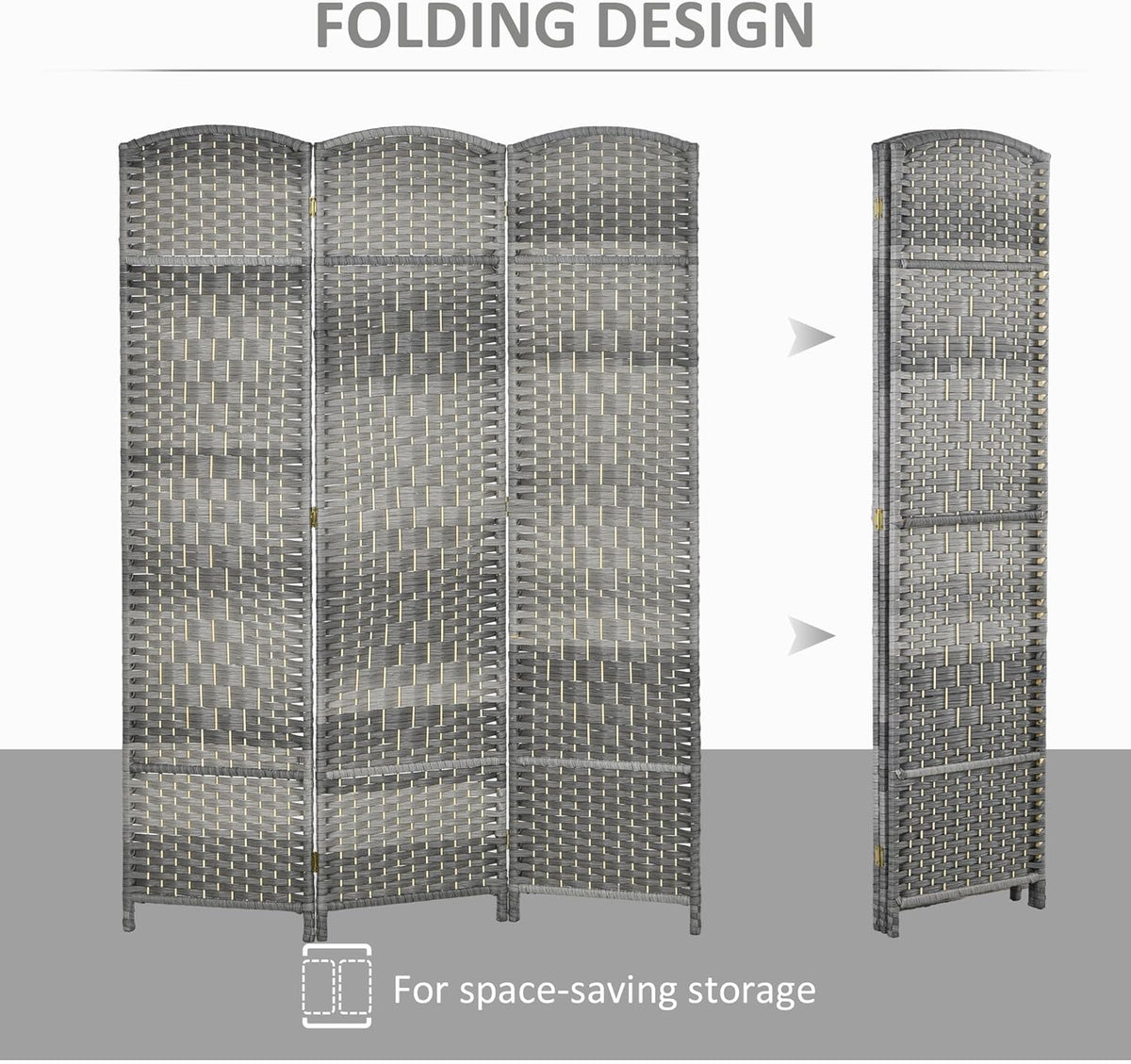 HOMCOM 3 Panel Room Divider, 6' Tall Folding Privacy Screen, Hand-Woven Freestanding Wall Partition for Home Office, Bedroom, Mixed Gray
