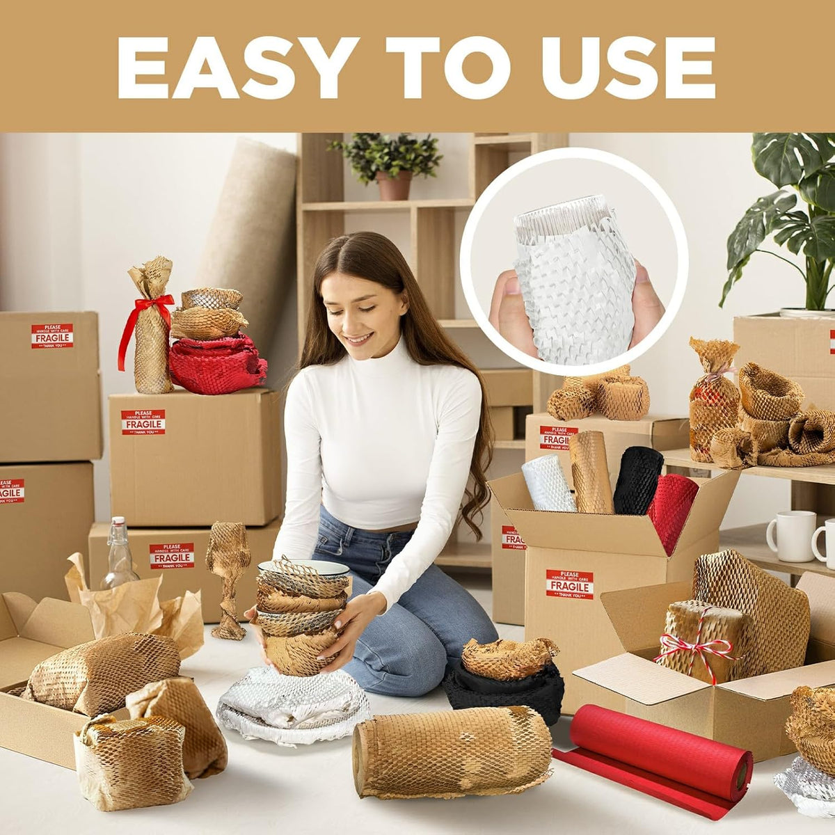 Honeycomb Packing Paper, 12"x400' White | Perforated Honeycomb Packing Paper Recyclable Moving Supplies for Shipping & Moving | Plastic-Free Alternative to Bubble Cushion Wrap with 36 Fragile Stickers