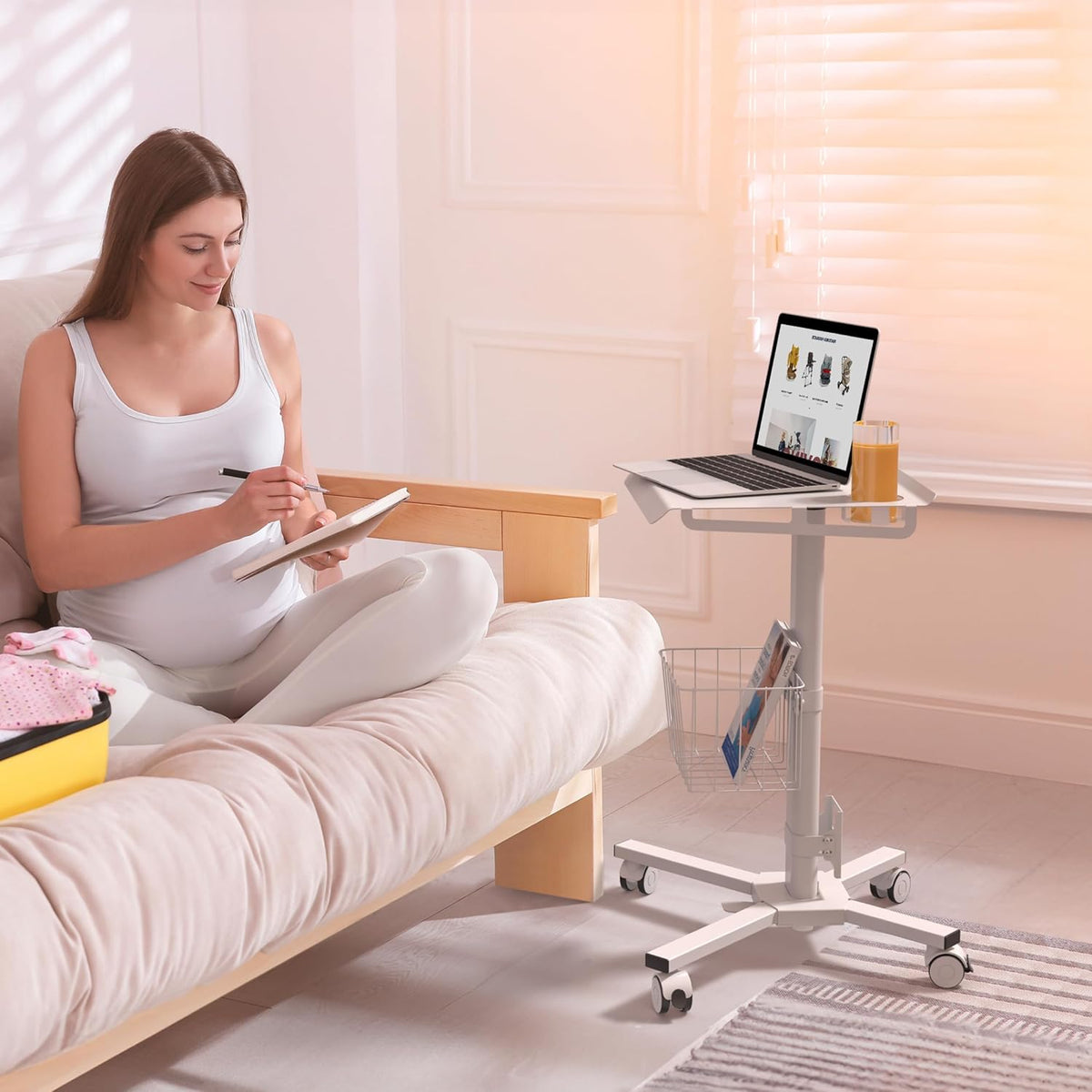 ONKRON Mobile Laptop Cart on Wheels with Load up to 17.6 lbs, Height Adjustable Side Table with Wheels & Storage, Portable Workstation for Laptop/Small Rolling Desk for Couch White