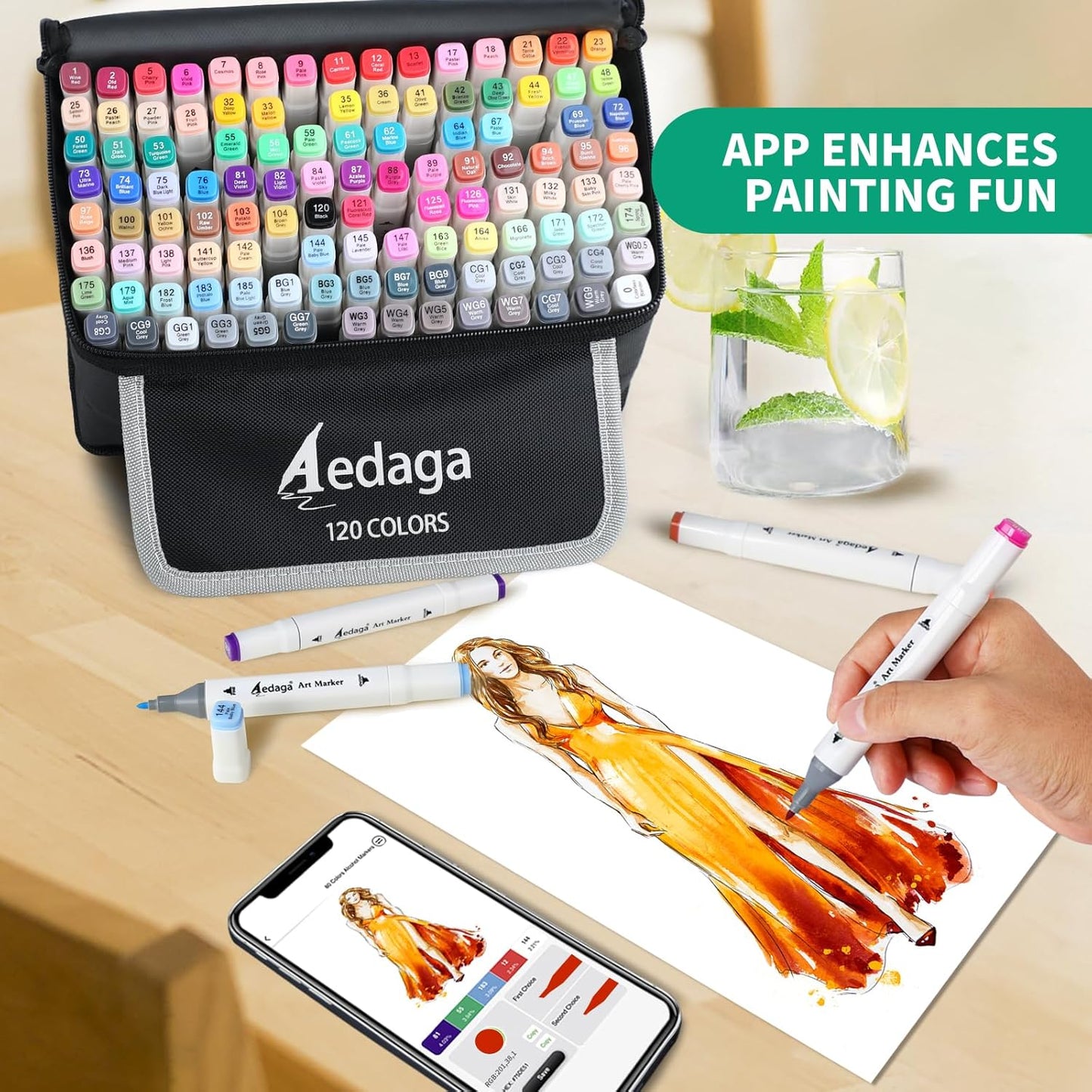 120 Colors Alcohol Markers with Free App, Dual Tip Art Marker with Kickstand Case for Artists Adults and Kids. Alcohol Based Markers for Coloring Painting Sketching and Drawing, Great Gift