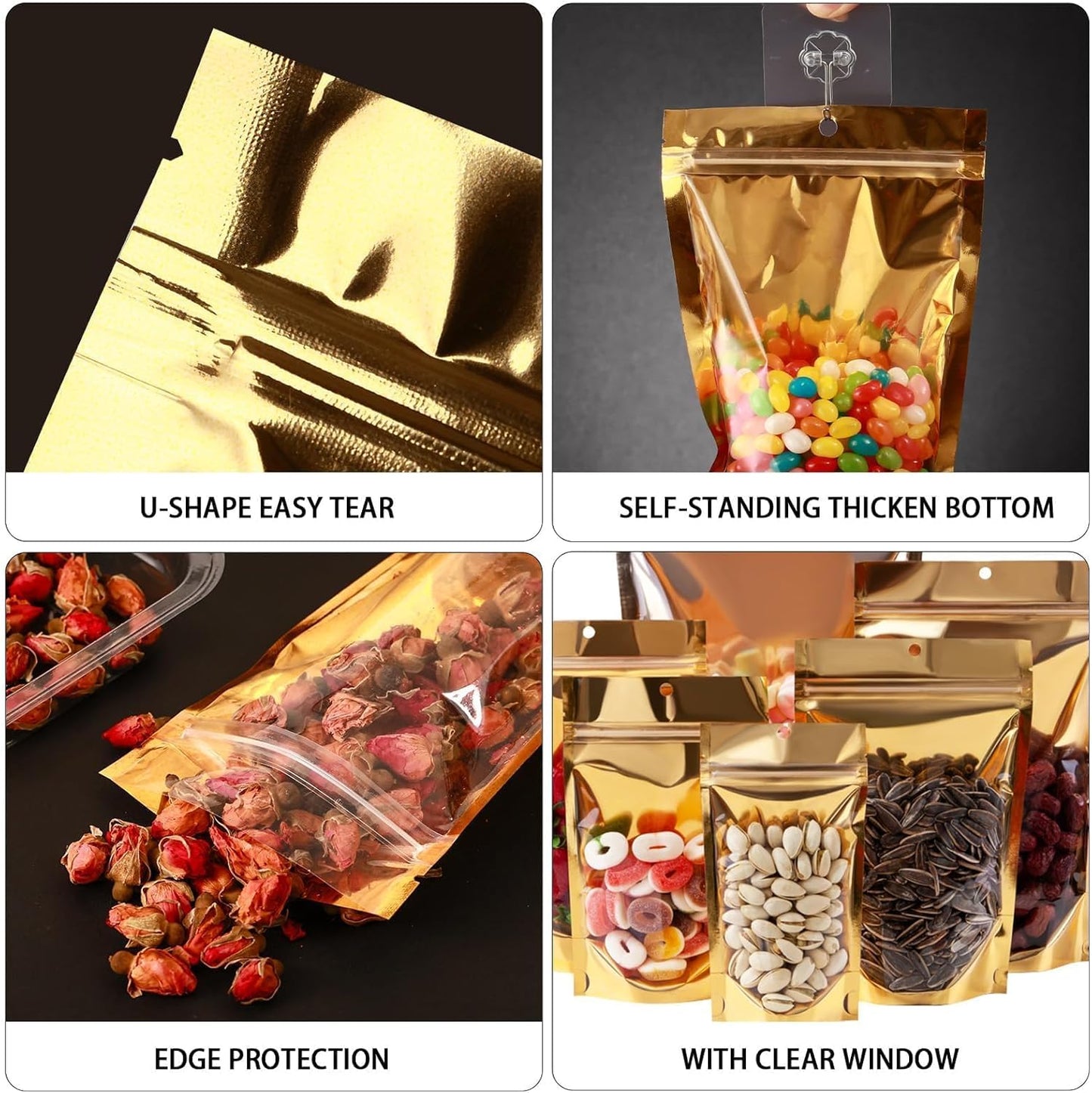 150 Pcs Mylar Bags for Food Storage 4x6 Mylar Bag with Window Stand Up Small Resealable Bags Smell Proof Bag Food Packaging for Small Business Freeze Dried Candy Jewelry Foil Packaging Gold