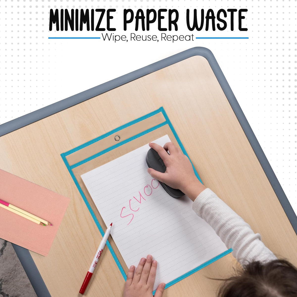 Essex Wares - 6 Pack, Teal, Durable Water-Resistant Dry Erase Pocket Document Protectors, 10" Wide x 13.5" Tall - Dry Erase Clear Plastic Sleeves - Reusable & Easy Erase Plastic Invoice Holders