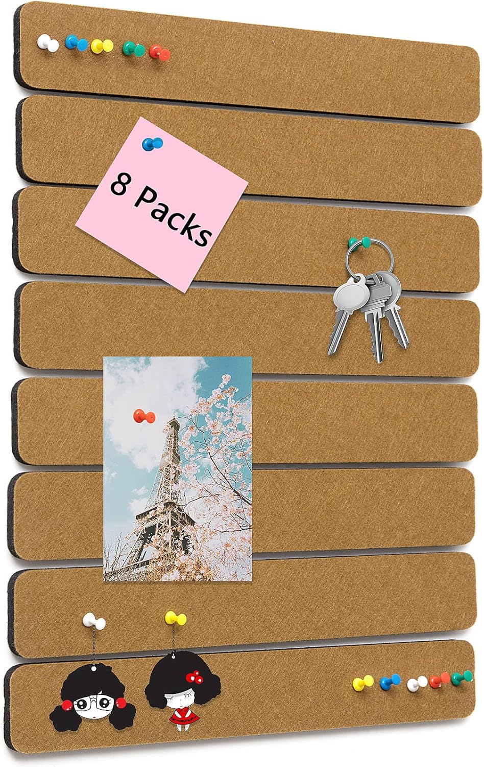 8 Pack Felt Pin Board Bar Strips Bulletin Board for Bedrooms Offices Home Wall Decoration, Notice Board Self Adhesive Cork Board with 50 Push Pins for Paste Notes, Photos, Schedules