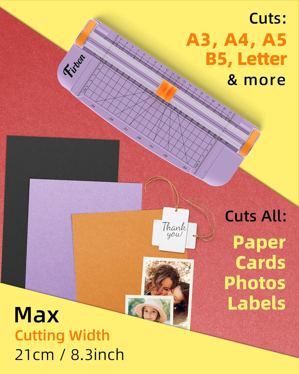 Firbon Purple A5 Paper Cutter, Straight Small Paper Trimmer with Side Ruler for Scrapbooking Craft, Paper, Coupon, Label, Cardstock