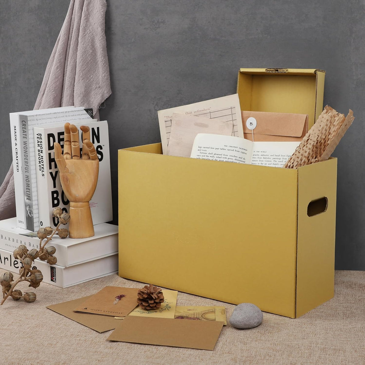 Lineco Archival Record Storage Cartons, Ready-To-Assemble Filing Boxes for Organizing and Storing Documents, Prints, or Photos. Acid-Free, Buffered Corrugated Board, 6x15 x10in, Tan, Pack of 5