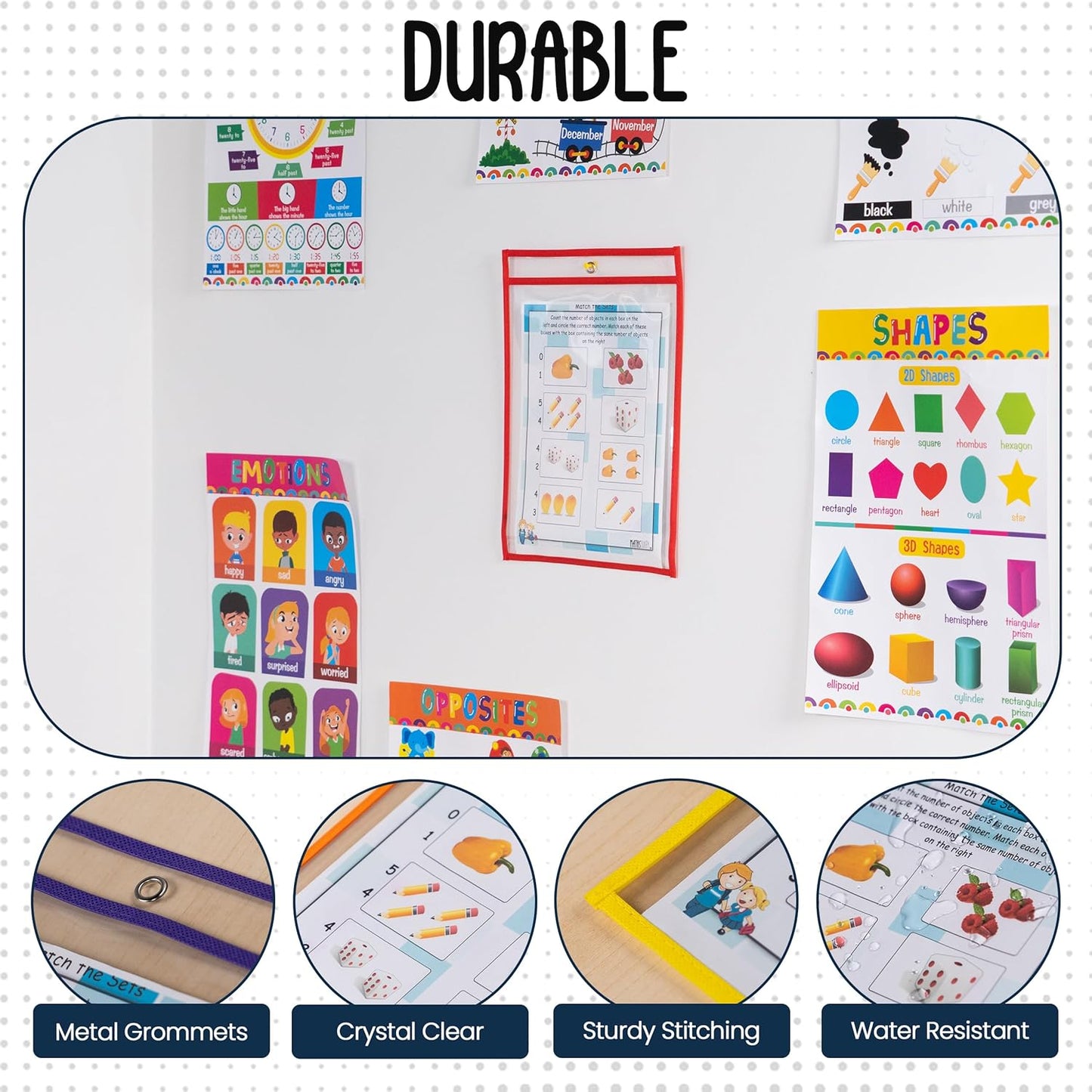 Essex Wares - 6 Pack, Assorted, Dry Erase Pocket Document Protectors, 10" Wide x 13.5" Tall- Dry Erase Clear Plastic Sleeves - Reusable & Easy Erase Plastic Invoice Holders, Water-Resistant & Durable