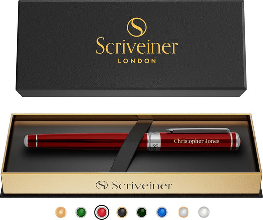 Scriveiner Personalized Deep Crimson Red Pen - Stunning Red Lacquer Luxury Pen with Chrome Finish, Schmidt Ink Refill, Best Engraved Roller Ball Gift Set for Men & Women, Custom Name Engraving
