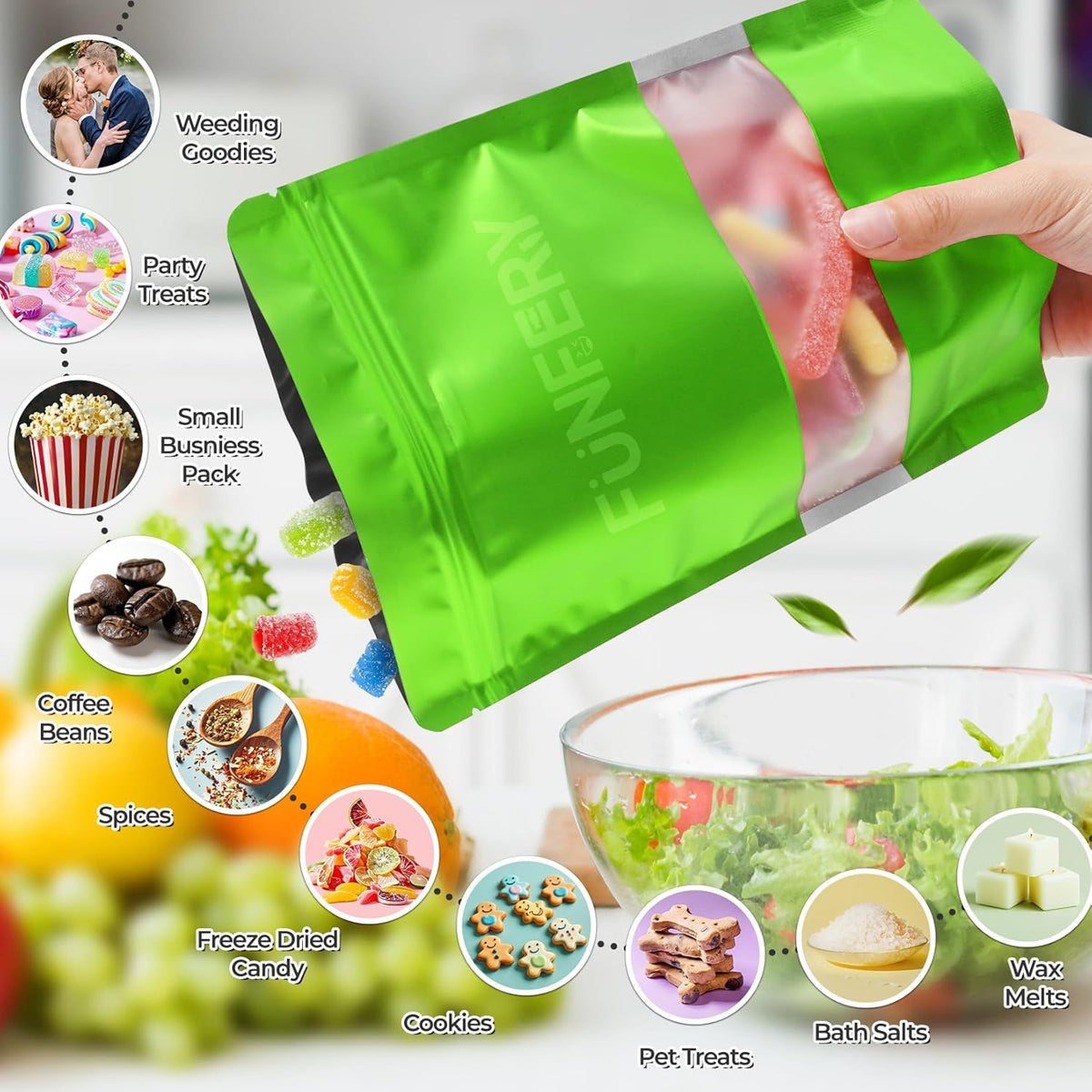 Funfery 100 Pcs Smell Proof Packaging Bags,Mylar Clear Bags for Food Storage,Sealable Bag for Packaging,Stand Up Pouches with Window,ReSealable Bag for Small Business,Cookies,Candy(Green,6.3x9.4in)
