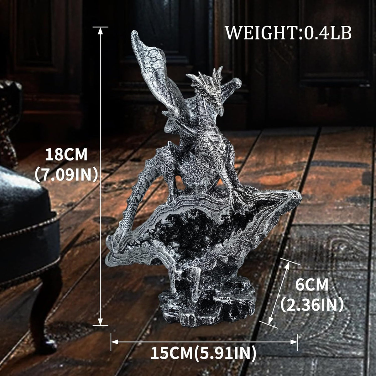 Gothic Medieval Mythic Dragon Figurine Statue Fantasy Decoration Table Office Home Bedroom Livingroom Decoration Gift (7 Inches,Silver)