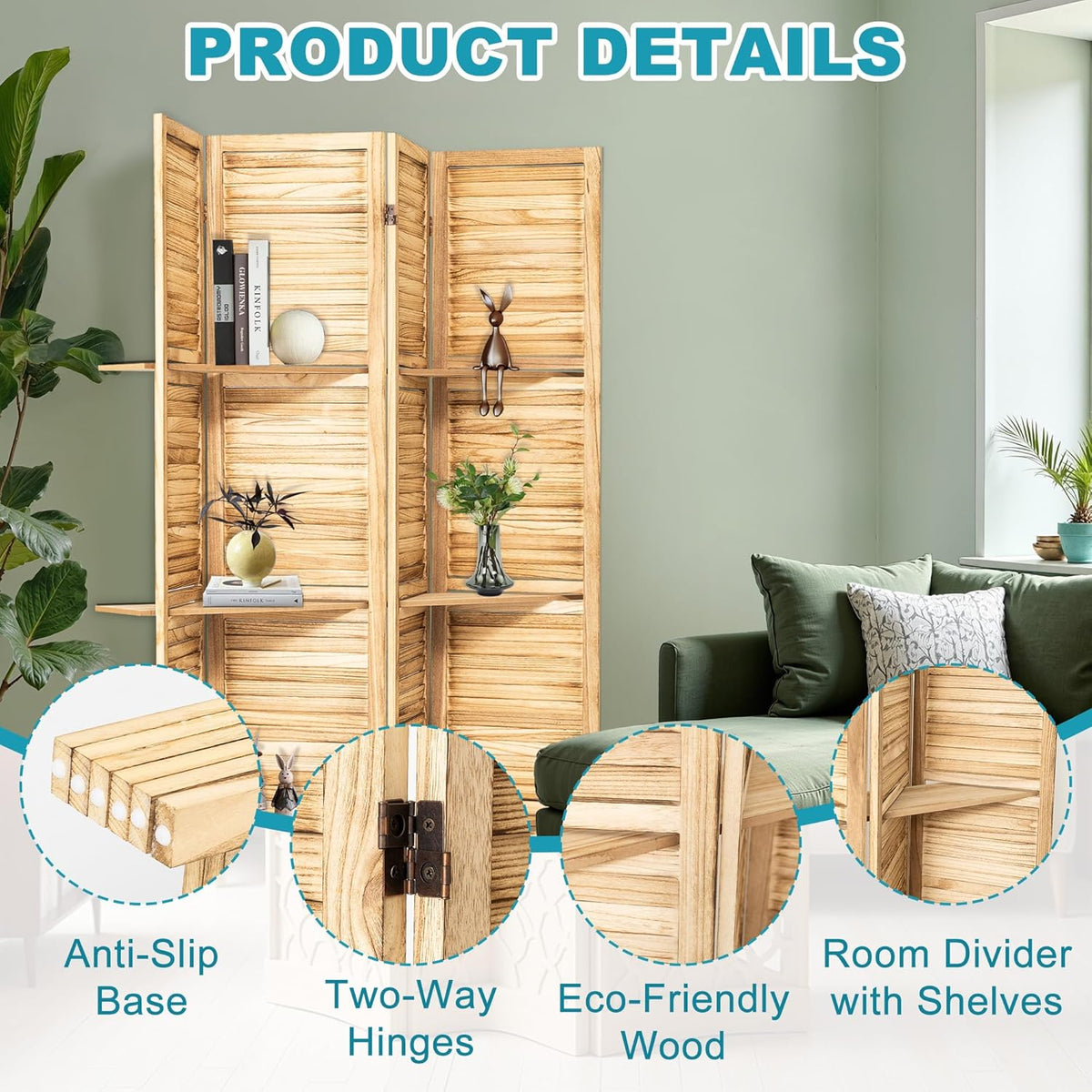 4 Panel Room Divider with Shelves, 5.6FT Folding Room Divider Screen, Free Assembled Freestanding Partition for Home Office Bedroom, Wood