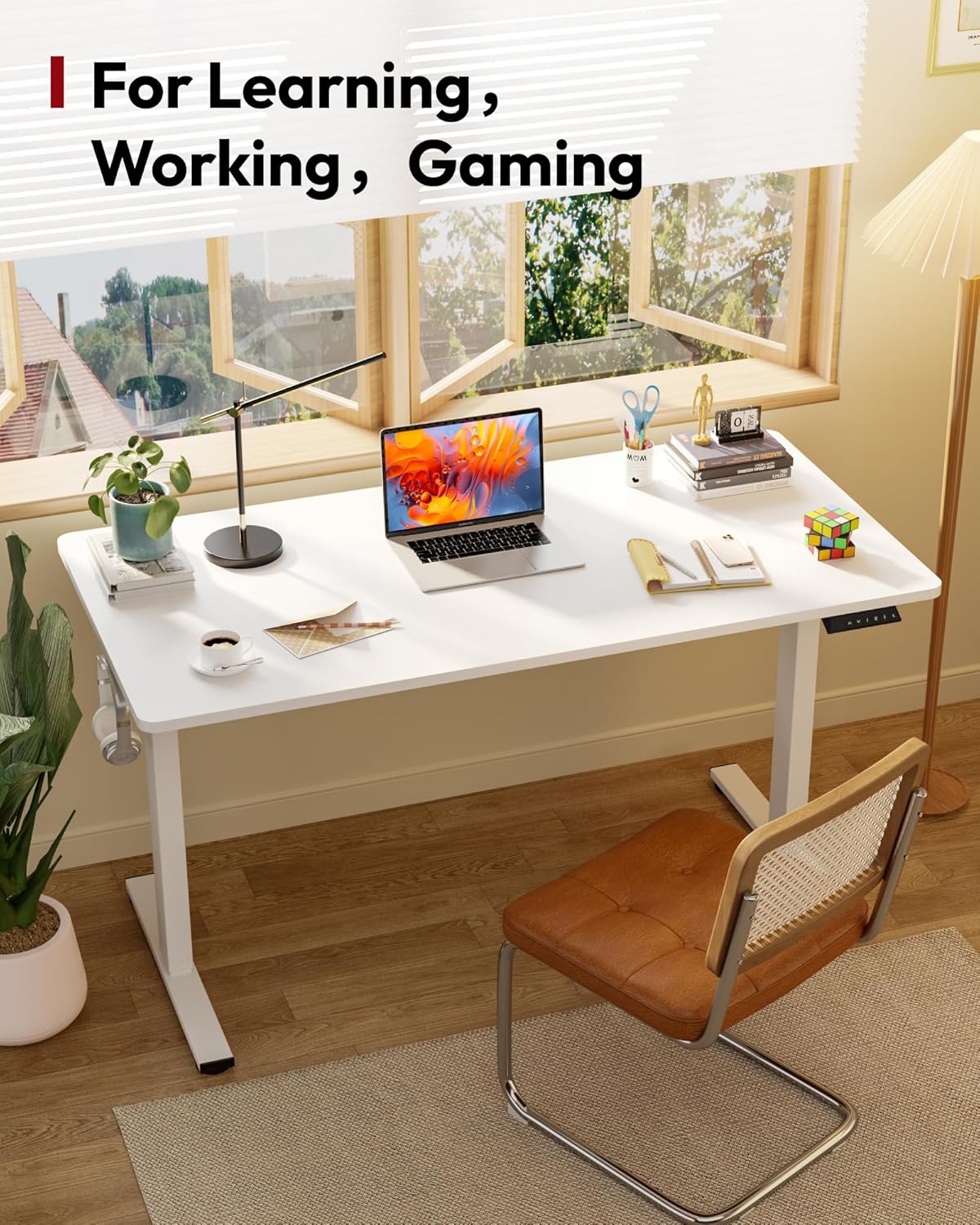 SANODESK Electric Standing Desk 48 x 30 Inches Whole-Piece Desktop Height Adjustable Stand Up Desk w/6-Button Controller Ergonomic Computer Desk for Home Office, White Frame + White Tabletop