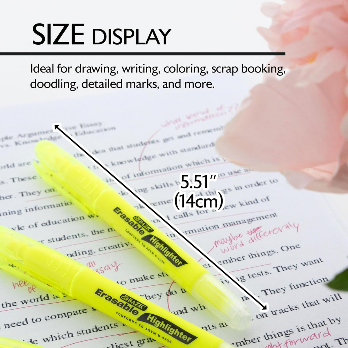 BAZIC Erasable Highlighter, Chisel Broad Line Fine Point Highlighters, Unscented Assorted Color Highlighting Coloring Erase Marker (3/Pack), 1-Pack