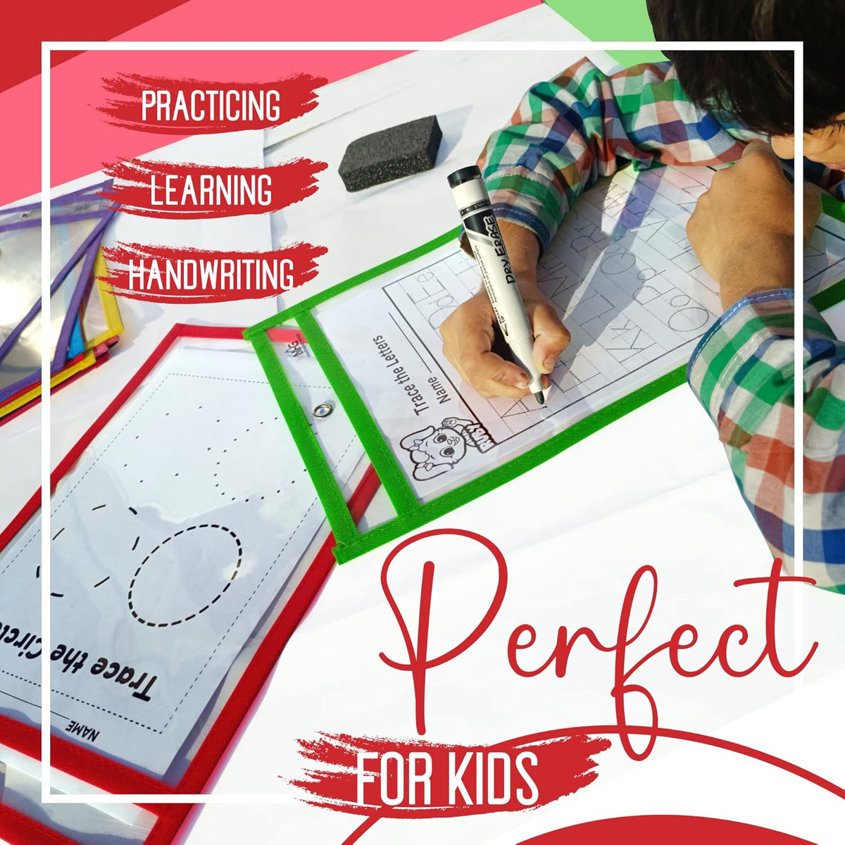 30 Packs Oversized Dry Erase Pockets Sleeves - 10 Assorted Colors with 2 Binder Rings - Dry Erase Sheets Reusable - 10x14 Ticket Holders - Clear Plastic Sheet Protectors for Classroom Teacher Supplies