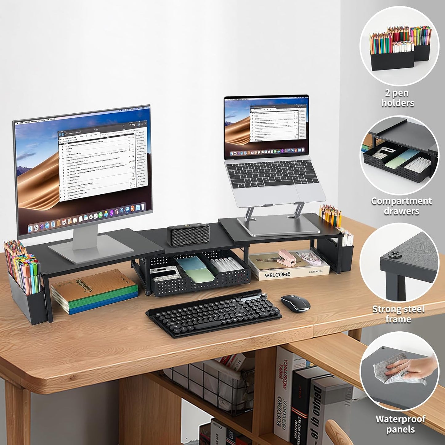 Desk Dual Monitor Stand Riser - Desk Organizer with Drawer and Pen Holders, Office Desk Accessories & Workspace Organization, Computer Monitor Stand for Laptop, Printer, TV(Black Wood)