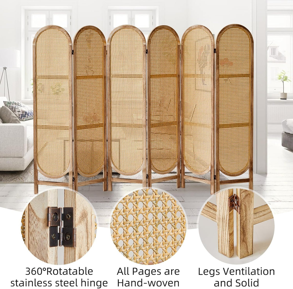 6 Panels Room Dividers and Hand-Woven Rattan Room Divider Wall, Wood Room Divider Folding Privacy Screens for Home Office Bedroom, Light Brown