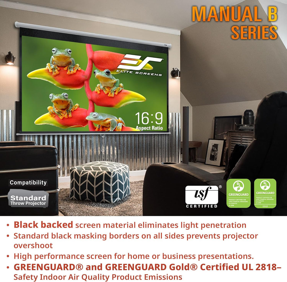 Elite Screens Manual B, 100-INCH 16:10, Manual Pull Down Projector Screen 4K / 8K Ultra HDR 3D Ready Auto-Lock Mechanism, 2-YEAR WARRANTY, M100X