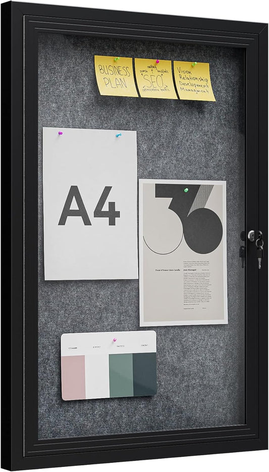 36"x24" Lockable Enclosed Bulletin Board, Outdoor Flet Weather-Resistant Aluminum Frame Notice Board, Wall Mounted Display Case Acrylic Doors for School,Office,Black Frame w/Grey Flet