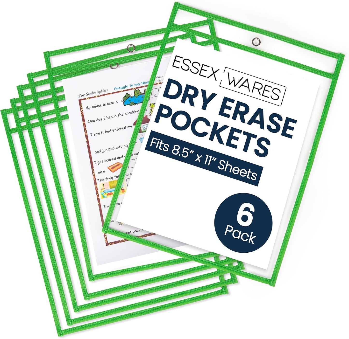 Essex Wares - 6 Pack, Green, Dry Erase Pocket Document Protectors, 10" Wide x 13.5" Tall - Dry Erase Clear Plastic Sleeves - Reusable & Easy Erase Plastic Invoice Holders, Water-Resistant & Durable