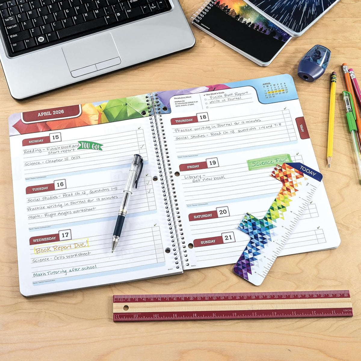 Global Datebooks Dated Middle School or High School Student Planner for Academic Year 2025-2026 Includes Ruler/Bookmark and Planning Stickers (Block Style - 8.5"x11" - Kraft Doodles)