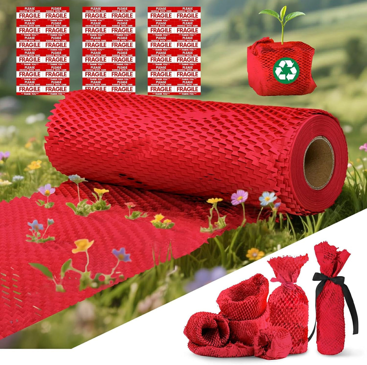 Honeycomb Packing Paper, 12"x50' Red | Perforated Honeycomb Packing Paper Recyclable Moving Supplies for Shipping & Moving | Plastic-Free Alternative to Bubble Cushion Wrap with 36 Fragile Stickers