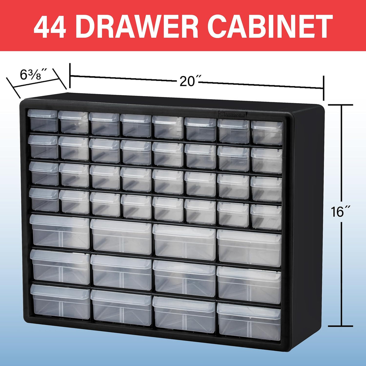 Akro-Mils 44-Drawer Plastic Drawer Storage Cabinet for Garage Organization, Bead Organizer, Building Bricks Storage, Teacher Toolbox, Makeup Organizer, 20" W x 6" D x 16" H, 10144 Red
