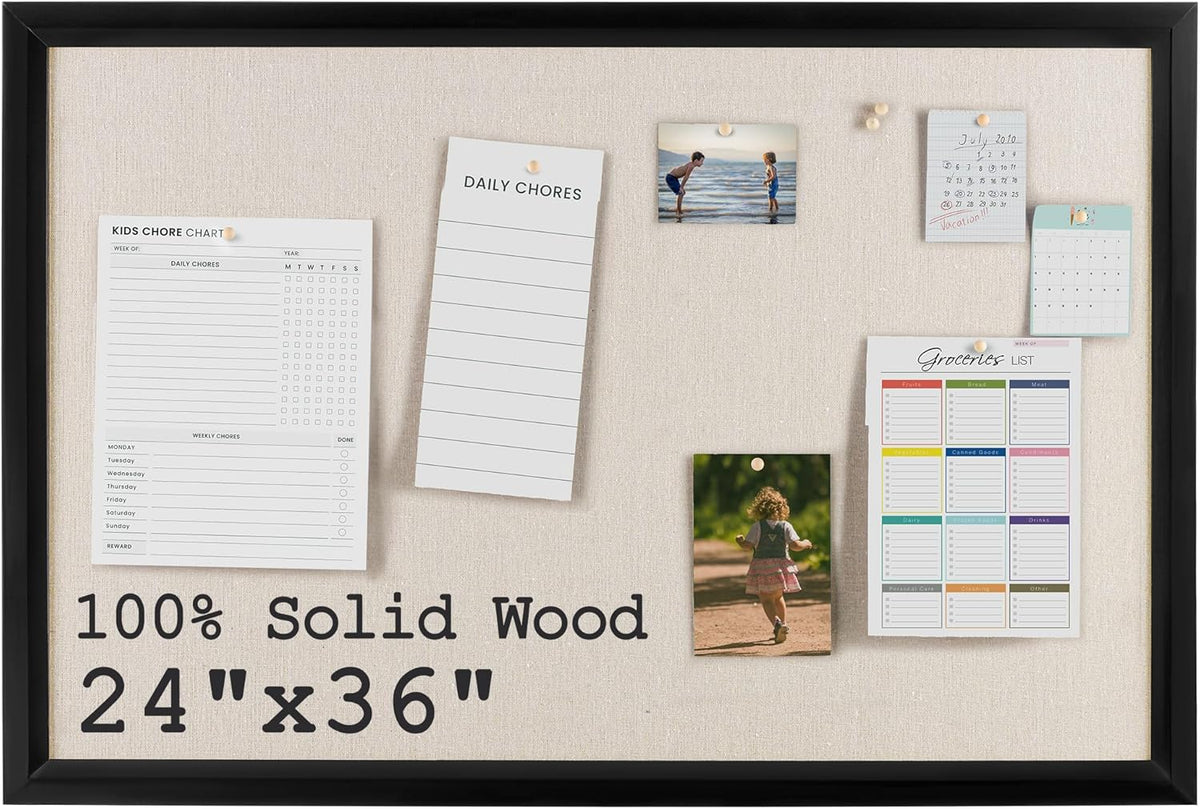 Bulletin Board Cork Board with Linen, 100% Wood Framed 24" x 36" Bulletin Board Decorations, Pin Boards for Walls, Wall Mounted Fabric Picture Board with 10 Pushpins for School, Home & Office, Black