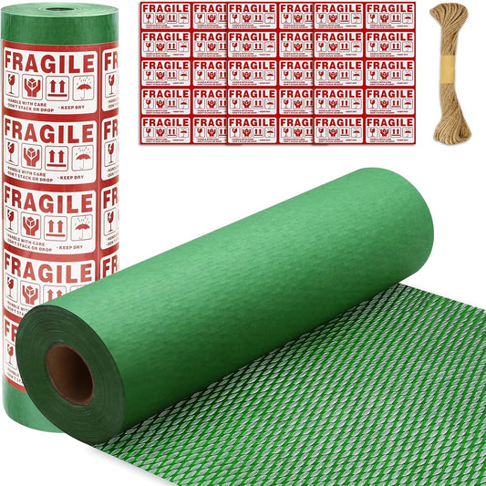 Honeycomb Packing Paper PINENUTS 15" x 131' Eco Friendly Packing Paper for Moving Recyclable Honeycomb Paper Bubble Paper Wrapping with 30 Fragile Sticker Labels and 66fthemp rope (Christmas green)