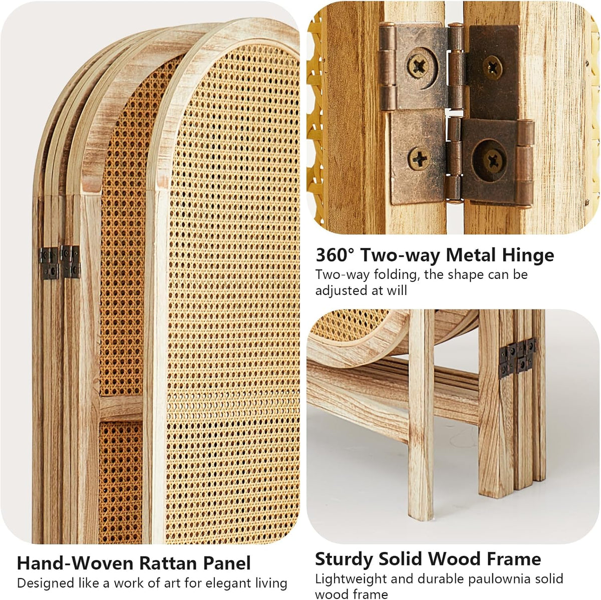 4 Panel Room Divider 5.6 Ft Hand-Woven Rattan Room Divider Screen, Foldable Wood Folding Privacy Screens with Double Hinges, Wall Divider for Room Separation Bedroom Home Office - Natural