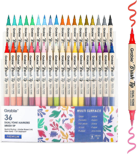 Grabie 72 Colors Acrylic Paint Markers, Soft Brush Tip Acrylic Markers Set, Paint Pens for Wood, Fabric, Canvas, Glass, Stone, Canvas, Rock Painting and DIY Crafts Art Supplies, Set of 36