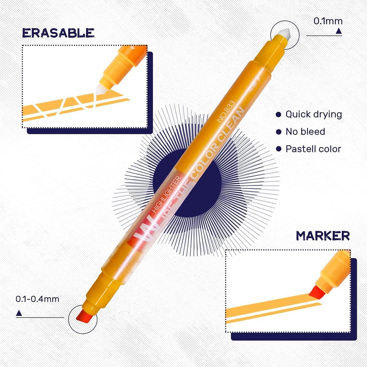 YOOUSOO Erasable Highlighters, Double Head Smooth Writing Highlighters Assorted Colors Chisel Tip Highlighter Markers, Double-end Erasable Highlighter Pen Markers