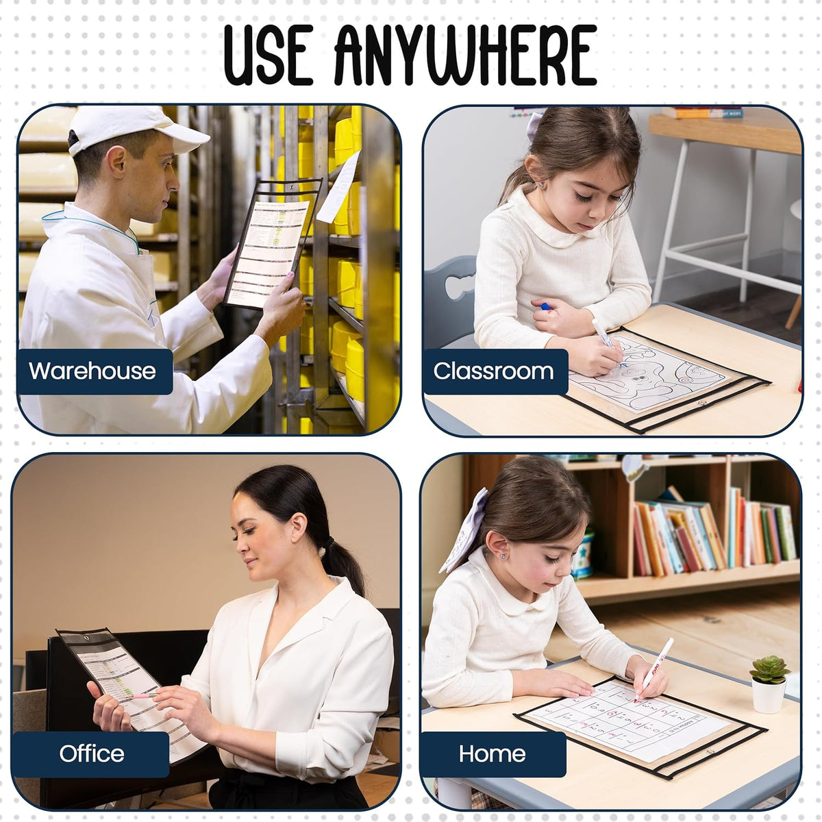 Essex Wares - 6 Pack, Black, Dry Erase Pocket Document Protectors, 10" Wide x 13.5" Tall - Dry Erase Clear Plastic Sleeves - Reusable & Easy Erase Plastic Invoice Holders, Water-Resistant & Durable