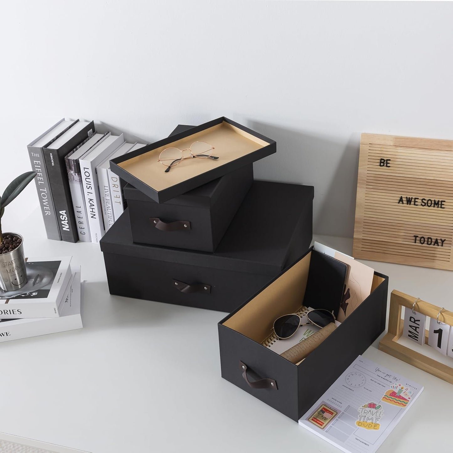 Soul & Lane Decorative Storage Boxes with Lids - Set of 3 (One Large and Two Medium), Sturdy Cardboard Organizers for Photos, Versatile Boxes with Handles for Office & Home, Dark Gray