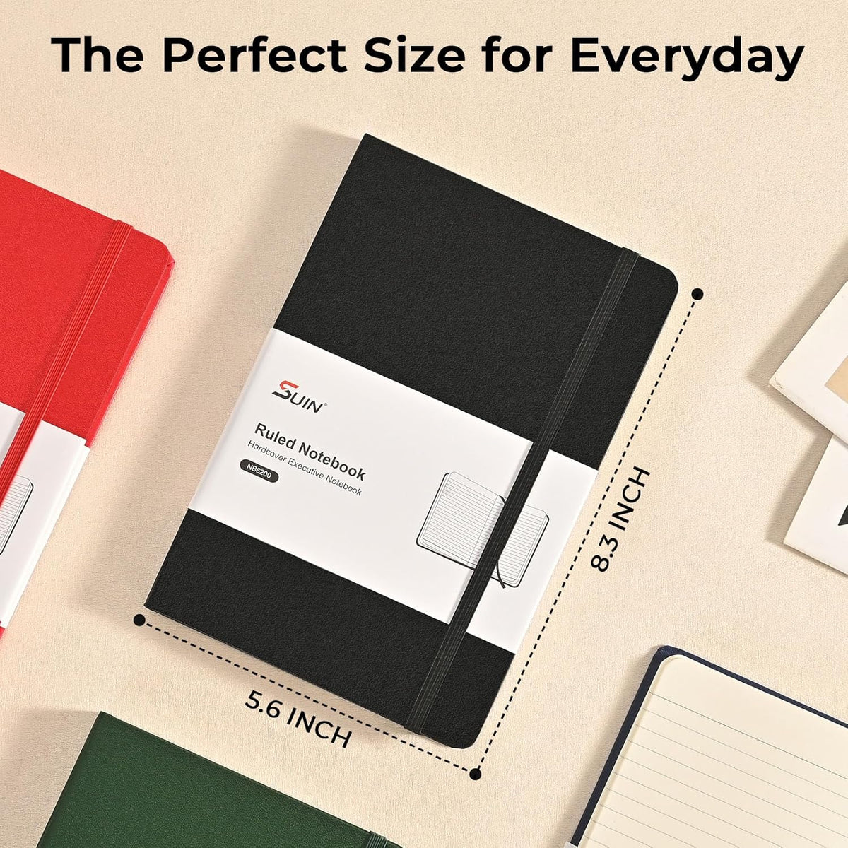 SUIN A5 Hardcover Notebook, 5.5" x 8.3", 100gsm, 160 Pages, Journal for Writing, Notebooks for work - No-Bleed Paper, Inner Pocket, Elastic Closure & Ribbon Bookmark (1, Black/Blue/Green)